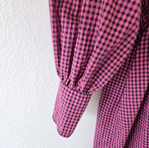 GANNI Carmine Rose Seersucker Check Gingham V Neck Gathered Midi Dress Small /36 - Picture 9 of 16